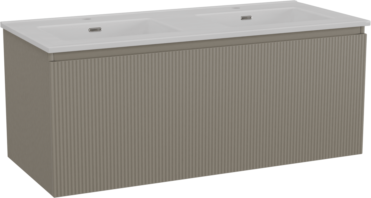 Storke Ribs meuble salle de bains suspendu 120 x 52 cm soie grise avec Kera double vasque en céramique blanc mat