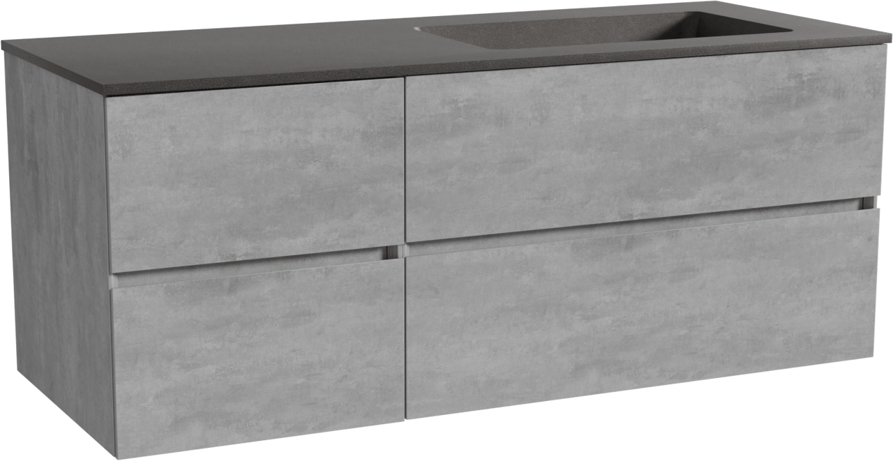 Storke Edge meuble salle de bains suspendu 130 x 52 cm béton gris foncé avec Scuro plan vasque asymétrique à droite en quartz noir mat