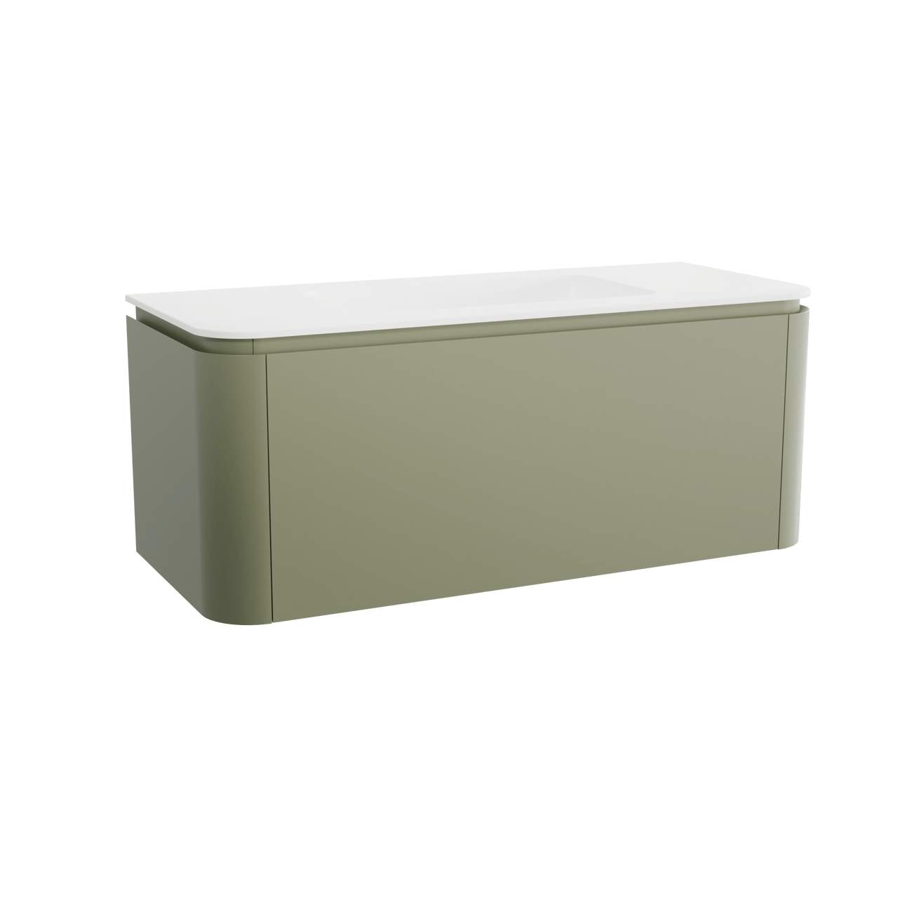 Balmani Moon zwevend badkamermeubel 130 x 55 cm saliegroen met Moon enkele wastafel in solid surface mat wit