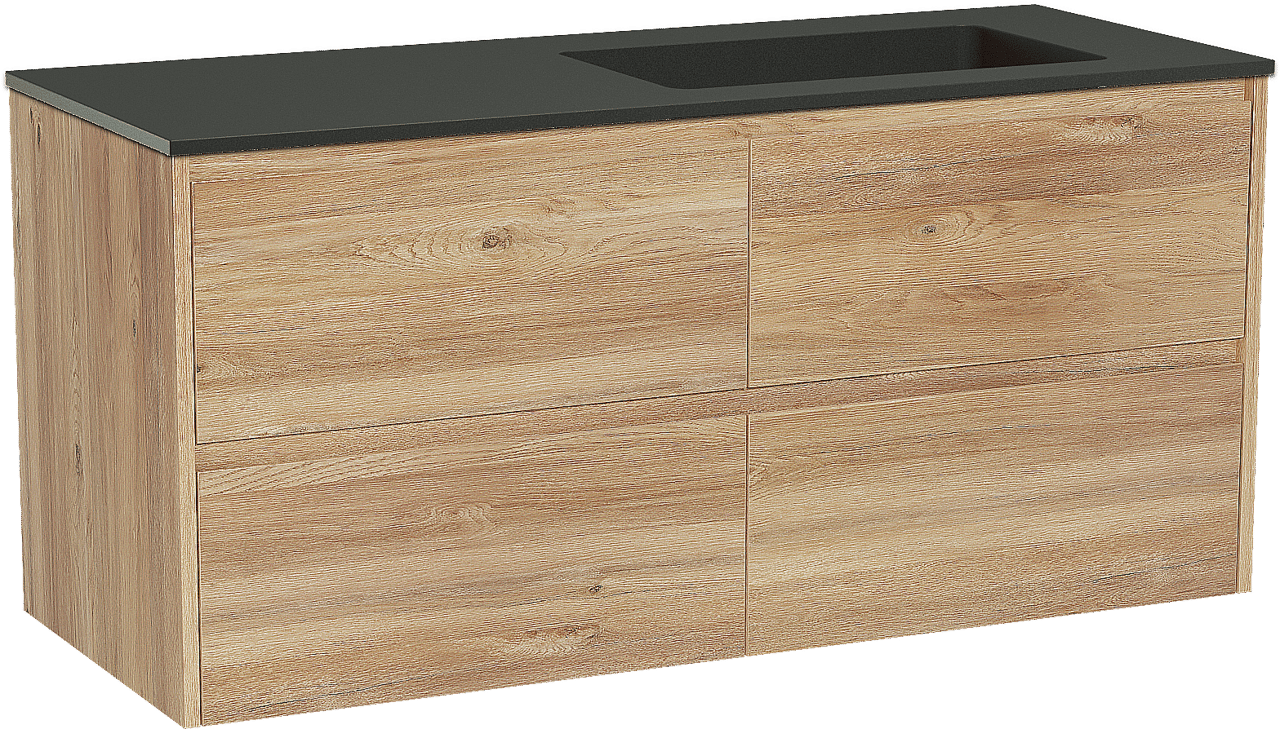 Storke Seda zwevend badkamermeubel 130 x 52 cm ruwe eik met Scuro asymmetrisch rechtse wastafel in kwarts mat zwart