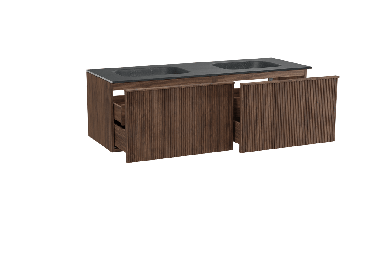 Balmani Forma meuble salle de bains suspendu 150 x 55 cm noyer américain avec Tablo Arcato double vasque en granit noir, Nervure droite symétrique verticale