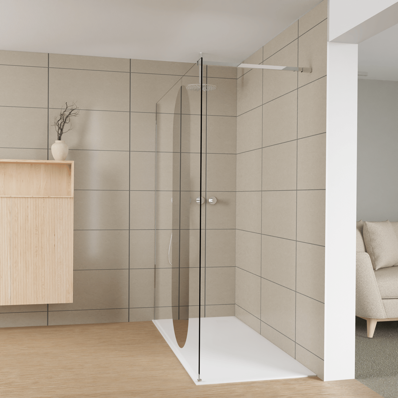 Balmani Modular inloopdouche: 180 x 200 cm, Reflex ovaal spiegelglas, Glanzend chroom profielen