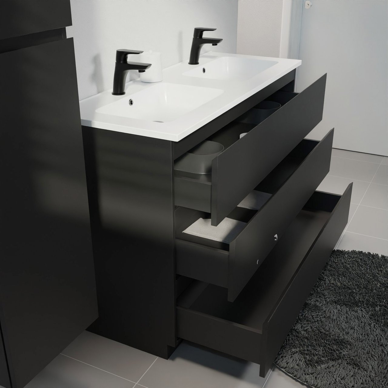 Linie Lado meuble salle de bains à poser 120 x 46 cm noir mat avec Vano double vasque en marbre composite blanc mat