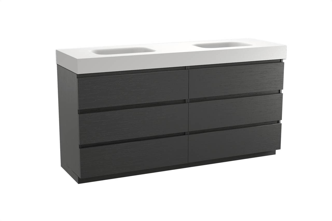 Balmani Lucida freistehendes Möbelstück Set: 180 x 55 cm, Schwarze Eiche, mit Arcato Doppelwaschtisch, Solid Surface Weiß matt