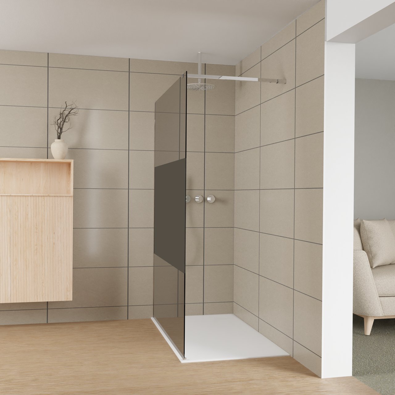 Balmani Modular douche à l'italienne: 140 x 200 cm, Verre fumé avec bande matte, Profil Chrome brillant