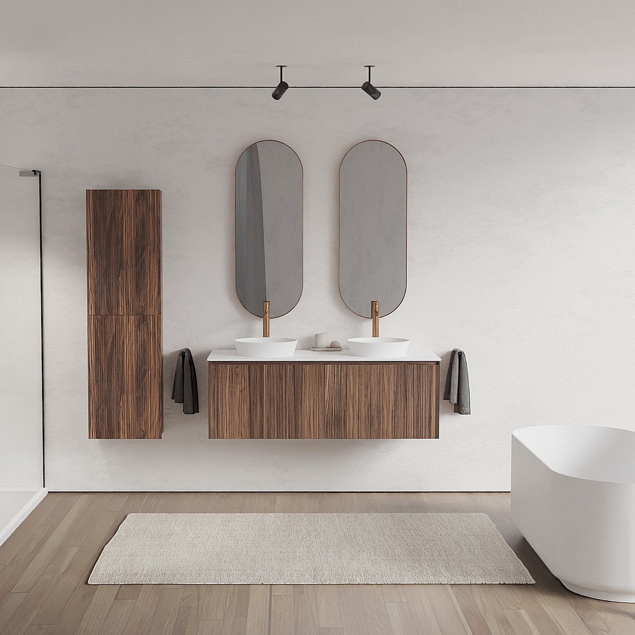 Balmani Fila meuble salle de bains suspendu 135 x 55 cm noyer avec Stretto tablette simple ou double en solid surface blanc mat, Nervure droite symétrique verticale