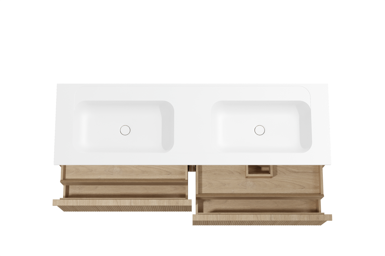 Balmani Forma meuble salle de bains suspendu 180 x 55 cm chêne naturel avec Tablo Strada double vasque en marbre composite blanc mat, Nervure droite symétrique verticale