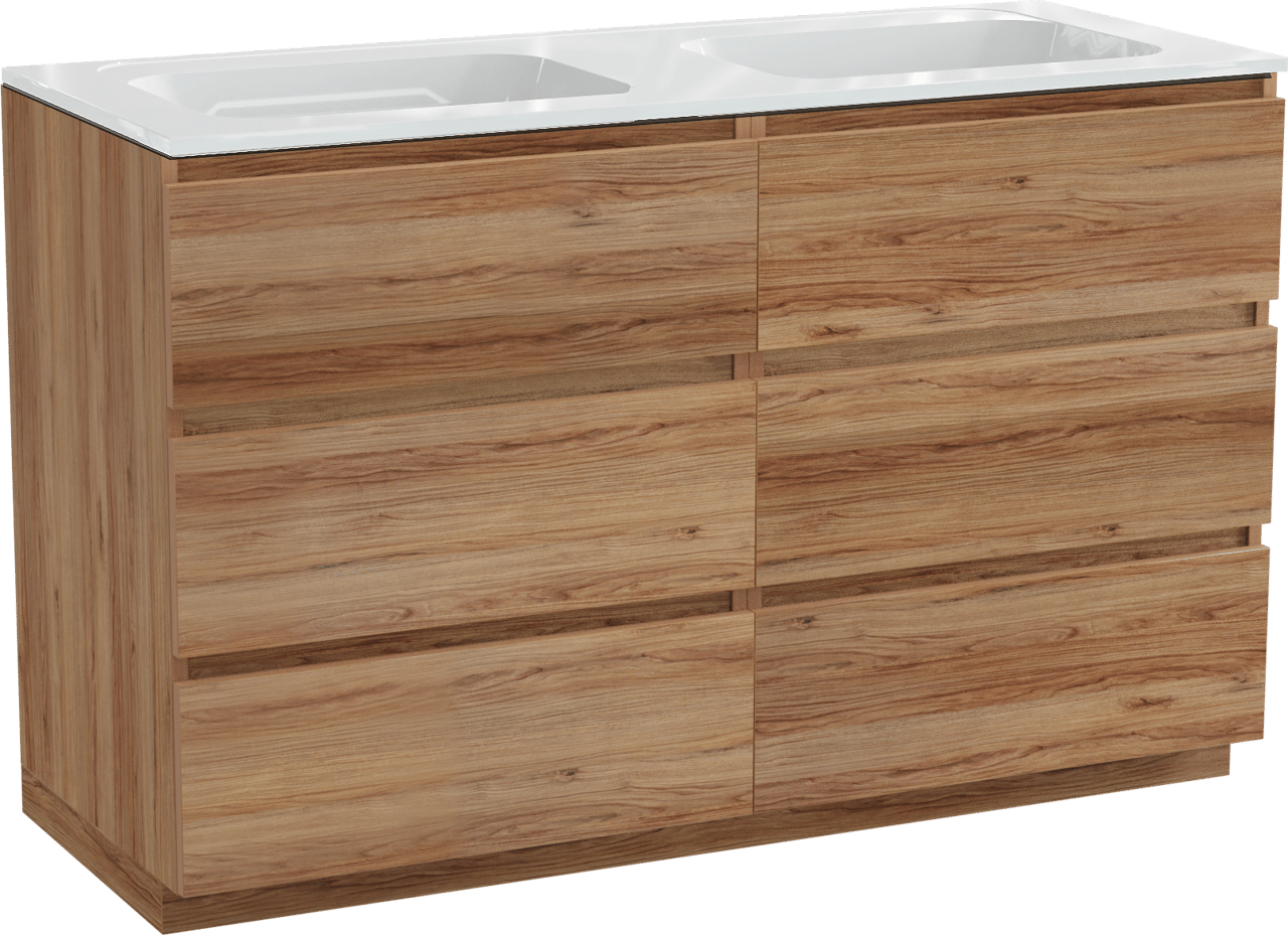 Balmani Lucida staand badkamermeubel 135 x 55 cm teak met Tablo Strada dubbele wastafel in composietmarmer glanzend wit