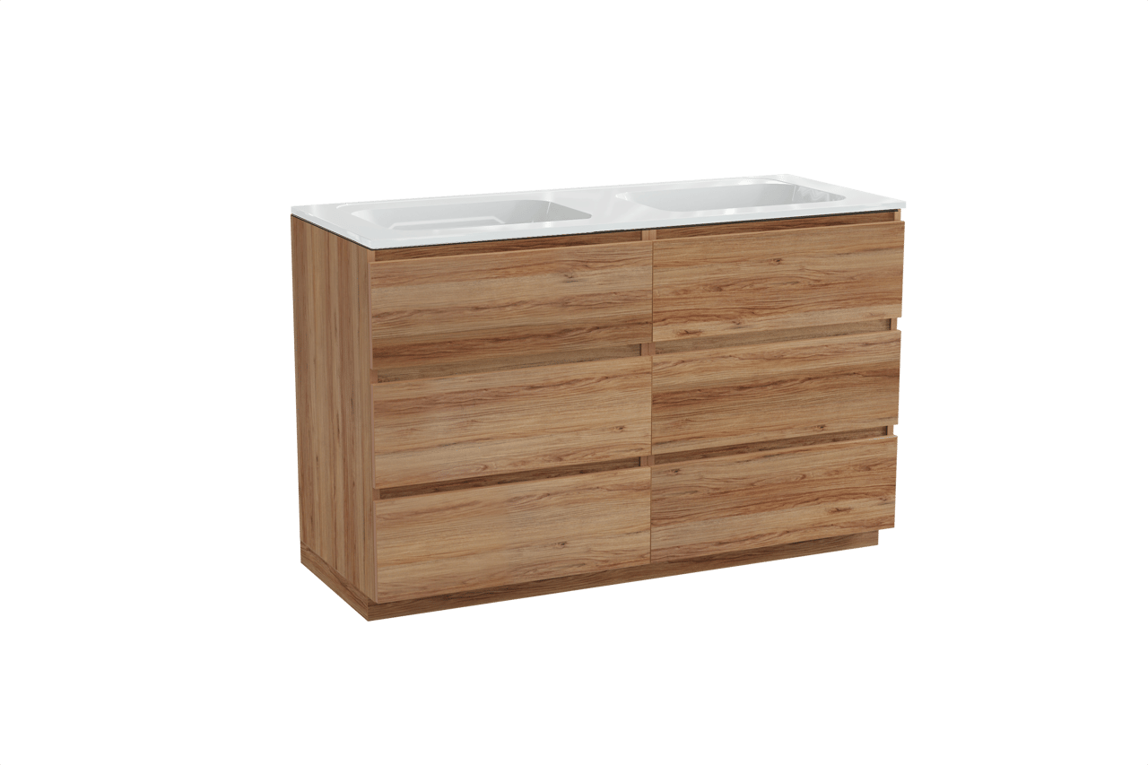 Balmani Lucida staand badkamermeubel 135 x 55 cm teak met Tablo Strada dubbele wastafel in composietmarmer glanzend wit