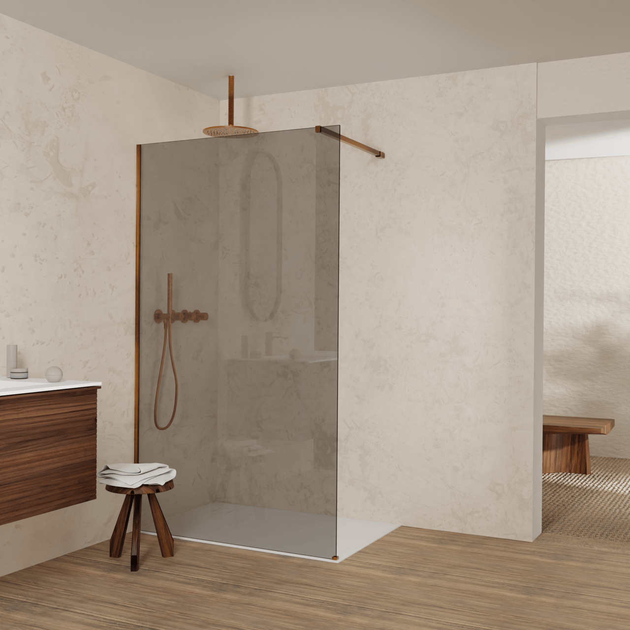 Balmani Modular Walk-In Dusche: 120 x 200 cm, Rauchglas, inklusive Coating, Profil Brushed Rosegold