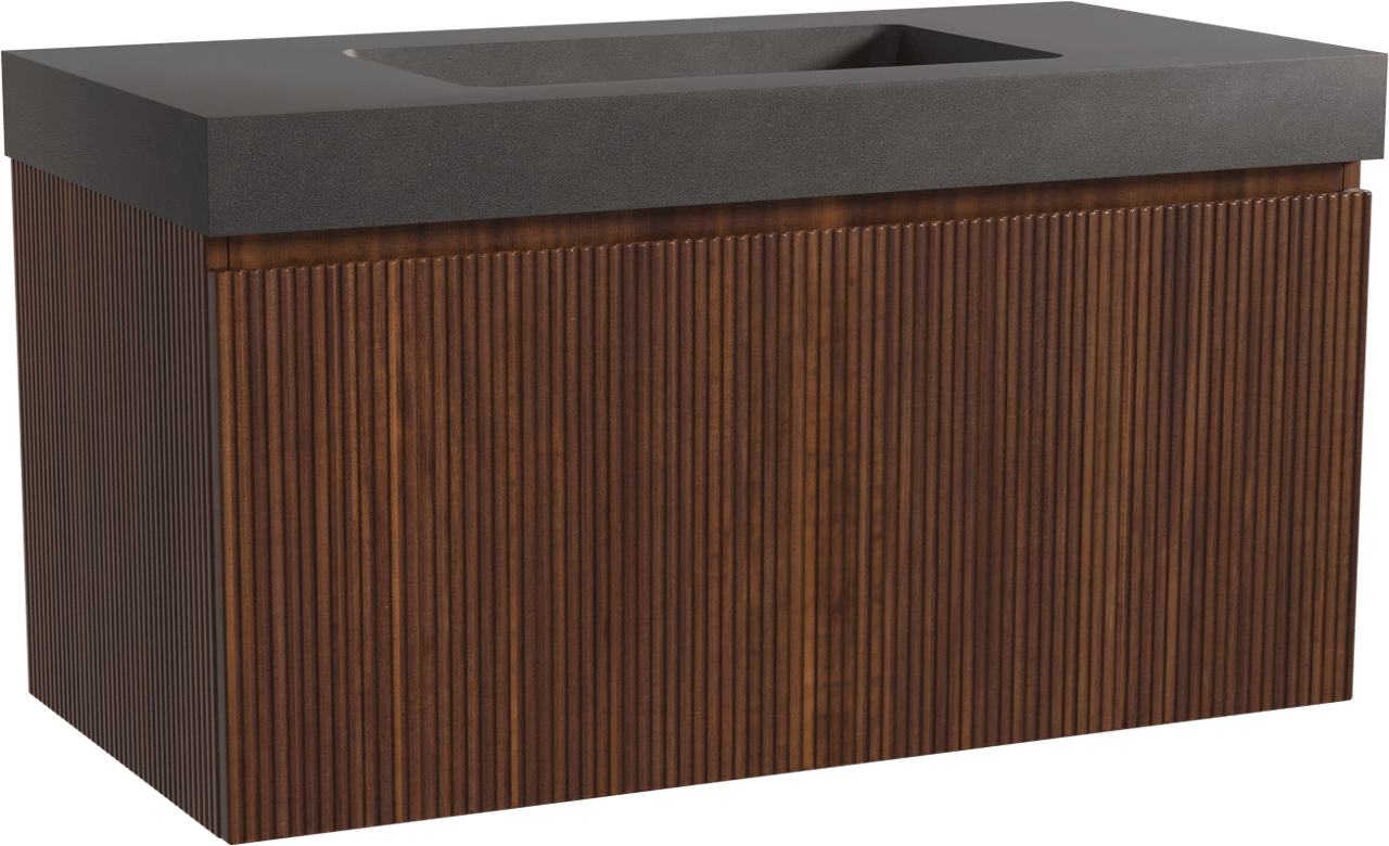 Storke Ribs zwevend badmeubel 105 x 52 cm notenhout met Scuro High enkele wastafel in kwarts mat zwart, Verticale symmetrische rechte ribbel