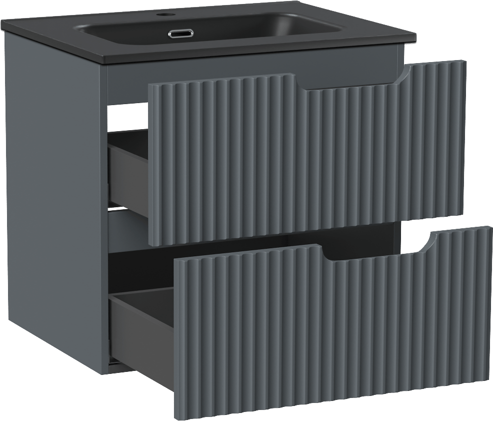 Linie Ribbo meuble salle de bains suspendu 60 x 46 cm bleu anthracite avec Baro plan simple en porcelaine noir mat, Nervure circulaire symétrique verticale