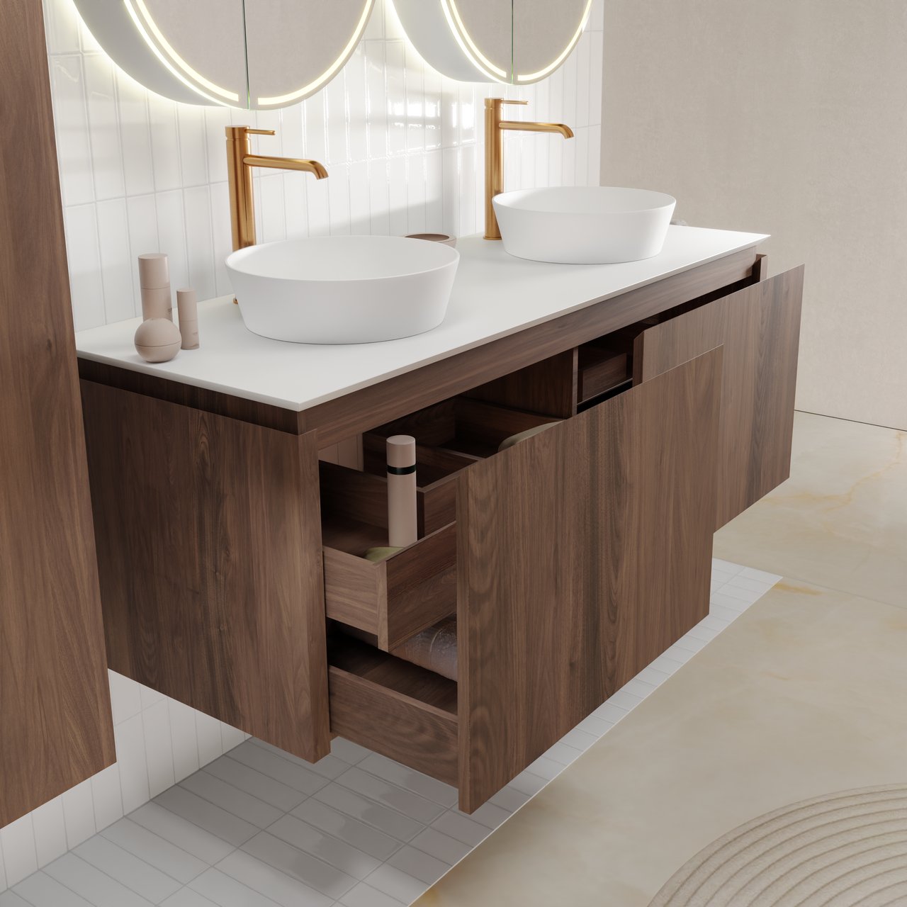 Balmani Eclips hängendes Möbelstück Set: 150 x 55 cm, Amerikanischer Nussbaum, mit Eclips Einzel- oder Doppel Waschtischplatte Solid Surface Weiβ matt