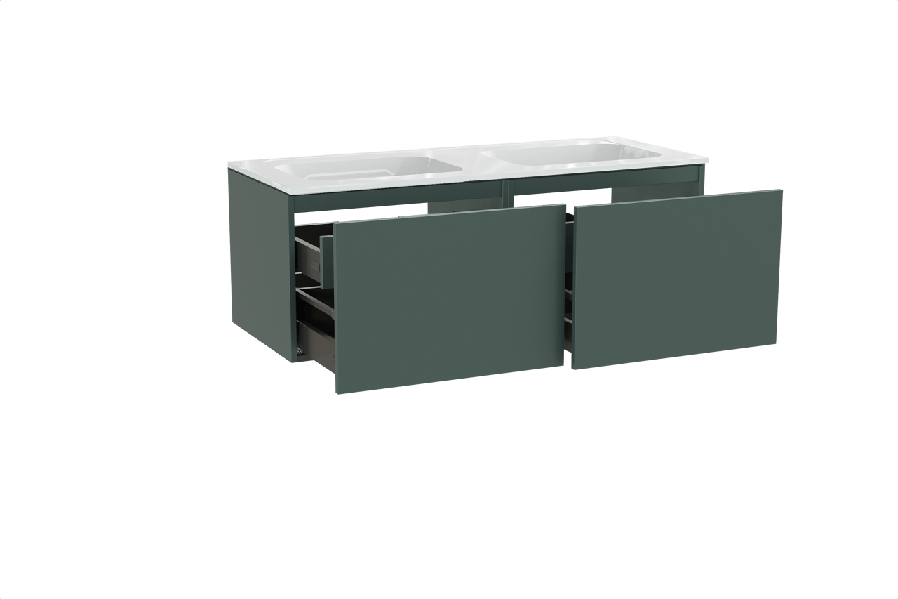 Balmani Sfera hängendes Möbelstück Set: 135 x 55 cm, Forest, mit Tablo Strada Doppelwaschtisch, Marmorkomposit Weiß glänzend