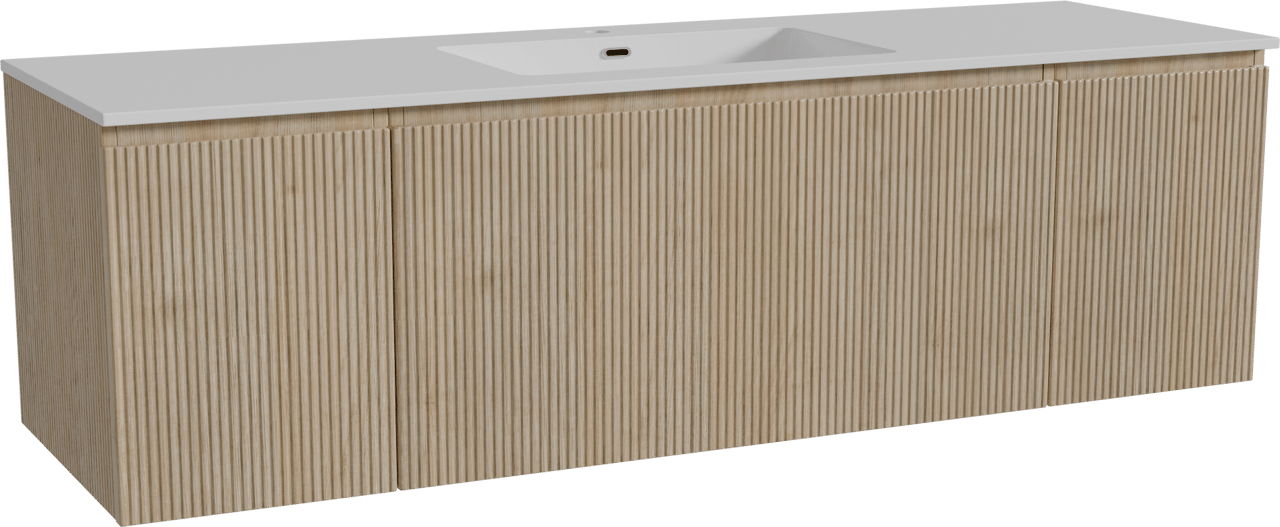 Storke Ribs zwevend badmeubel 165 x 52 cm ruw eiken met Diva enkele wastafel in composietmarmer hoogglans wit, Verticale symmetrische rechte ribbel