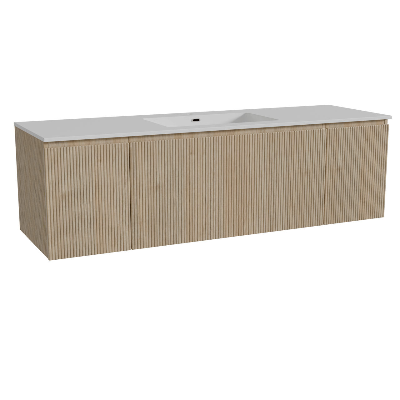 Storke Ribs meuble salle de bains suspendu 165 x 52 cm chêne brut avec Diva plan simple en marbre composite blanc brillant, Nervure droite symétrique verticale