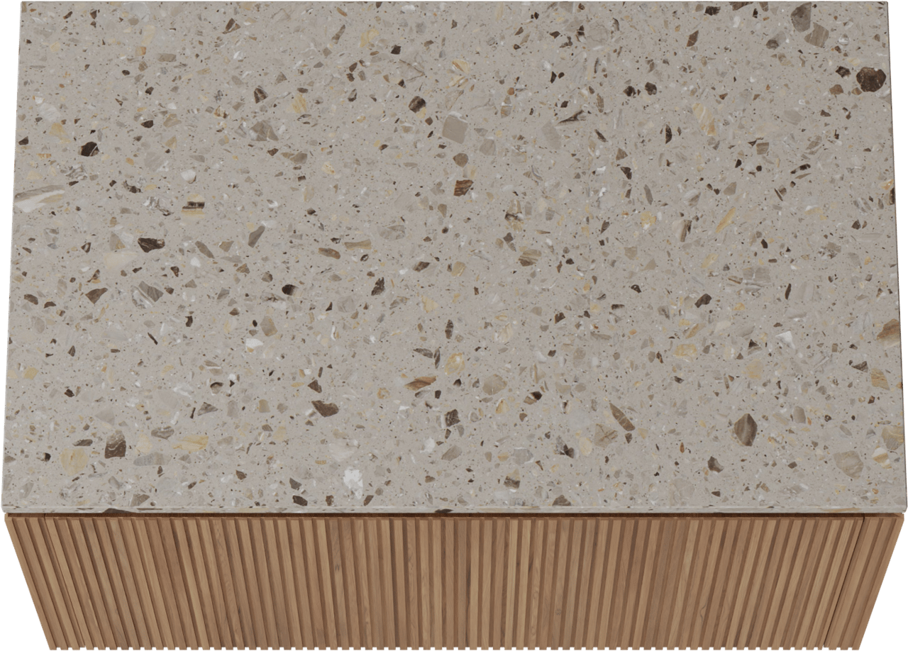 Balmani Eclips zwevend badkamermeubel 90 x 55 cm Teak met Stretto enkel tablet in Greige terrazzo, Verticale symmetrische rechte ribbel