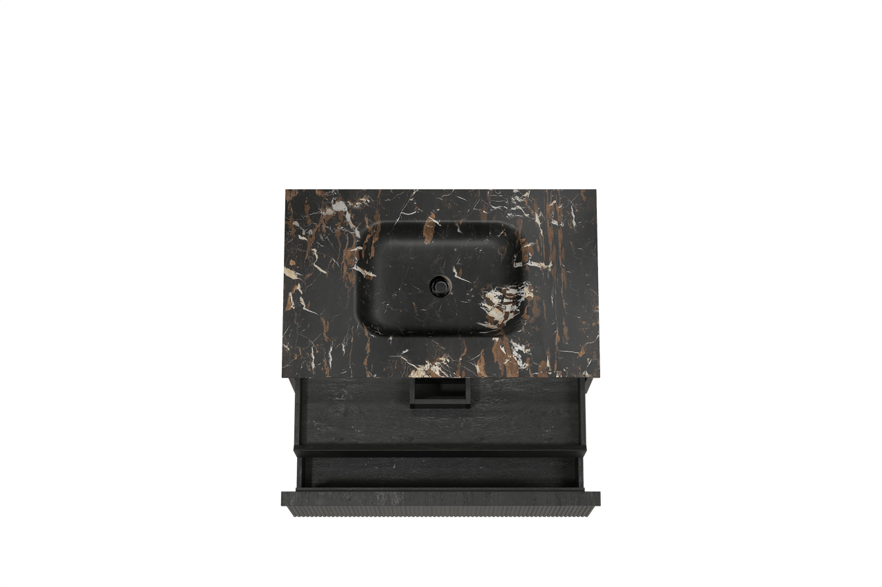 Balmani Forma hängendes Möbelstück Set: 90 x 55 cm, Schwarze Eiche, mit Tablo Arcato Einzelwaschtisch, Marmor, Portoro Gold, Vertikale symmetrische gerade Rippe