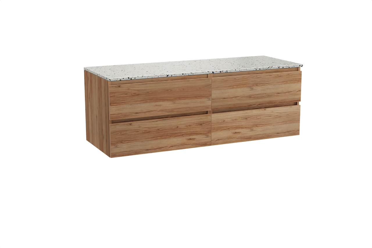 Balmani Lucida hängendes Möbelstück Set: 150 x 55 cm, Teak, mit Stretto Einzel- oder Doppel Waschtischplatte, Terrazzo in Weiß/Schwarz matt