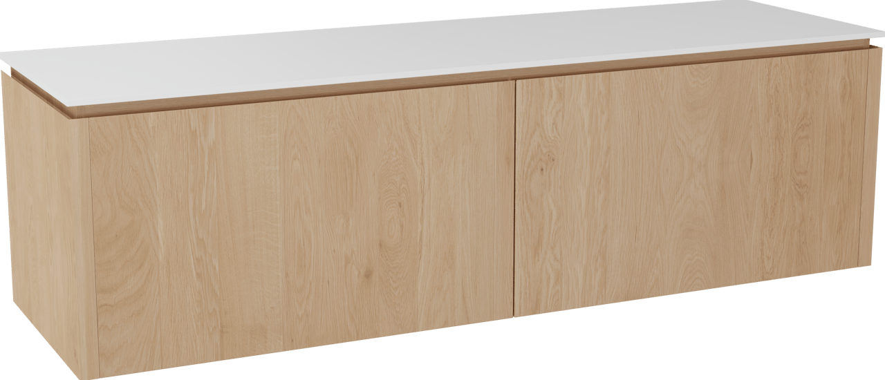 Balmani Eclips hängendes Möbelstück Set: 180 x 55 cm, Eiche Natur, mit Stretto Einzel- oder Doppel Waschtischplatte Solid Surface Weiβ matt