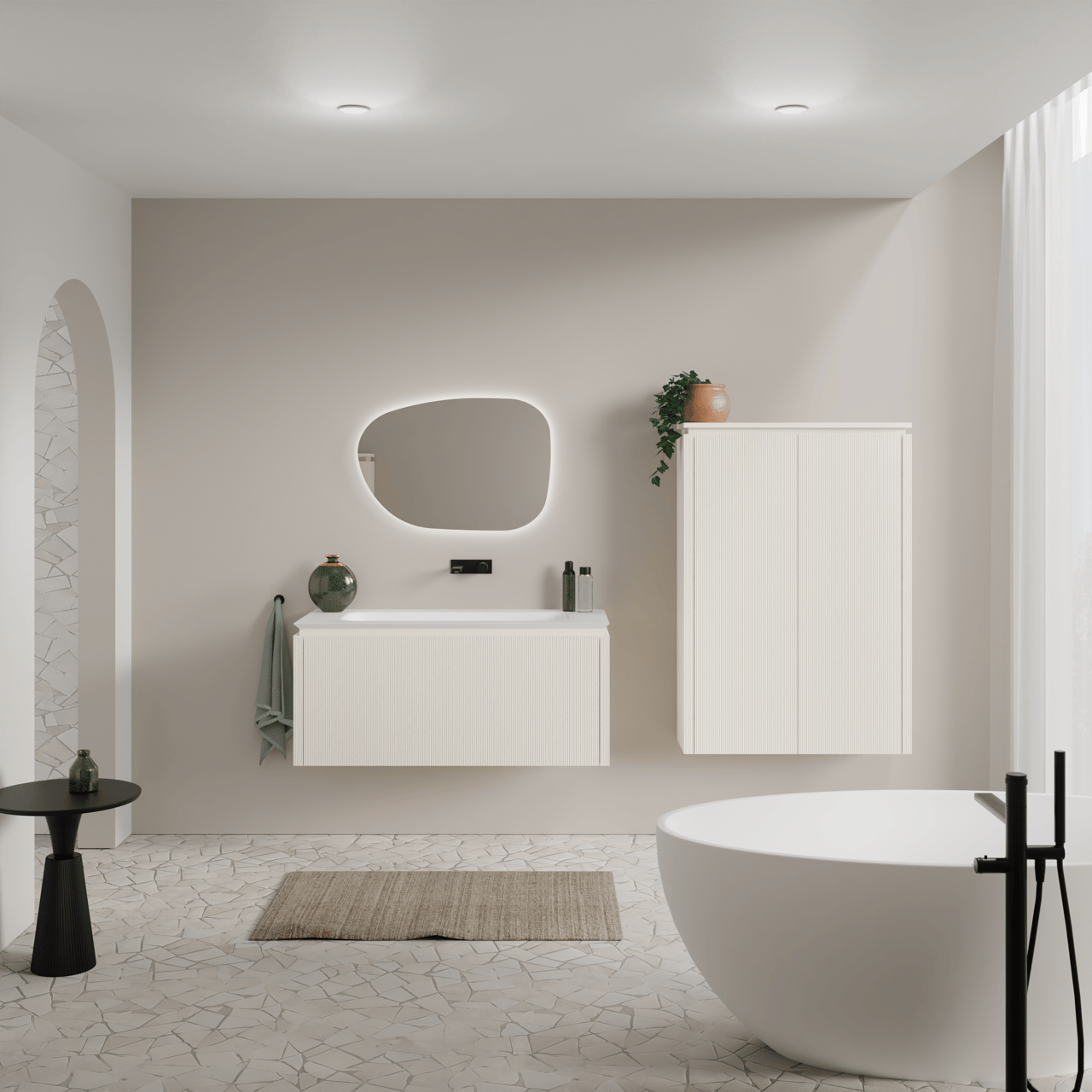 Balmani Eclips meuble salle de bains suspendu 120 x 55 cm Sandbeige avec Eclips plan simple en Solid Surface blanc mat, Nervure droite symétrique verticale