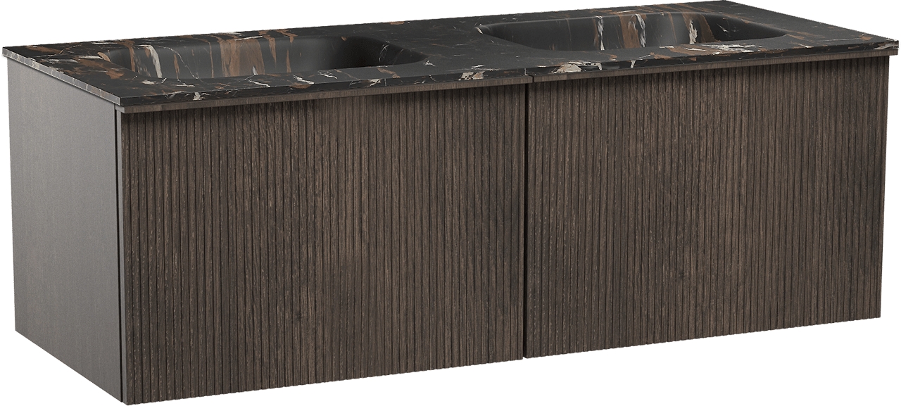 Balmani Forma zwevend badkamermeubel 135 x 55 cm gerookte eik met Tablo Arcato dubbele wastafel in marmer portoro gold, Verticale symmetrische rechte ribbel