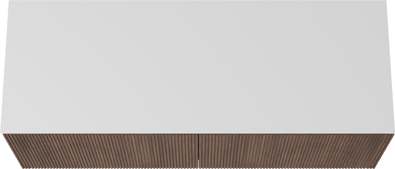 Balmani Eclips hängendes Möbelstück Set: 150 x 55 cm, Amerikanischer Nussbaum, mit Stretto Einzel- oder Doppel Waschtischplatte Solid Surface Weiβ matt, Vertikale symmetrische gerade Rippe