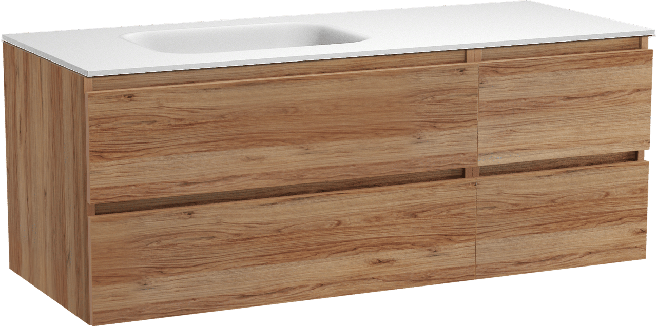 Balmani Lucida hängendes Möbelstück Set: 135 x 55 cm, Teak, mit Tablo Arcato Waschtisch links, Solid Surface Weiß matt