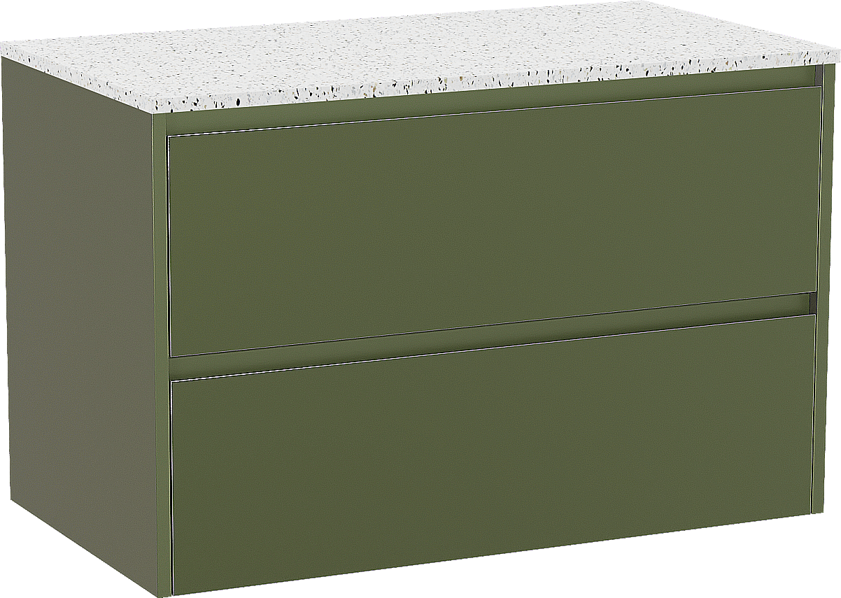 Storke Seda zwevend badmeubel 95 x 52 cm olijfgroen met Tavola enkel wastafelblad in mat wit/zwart terrazzo