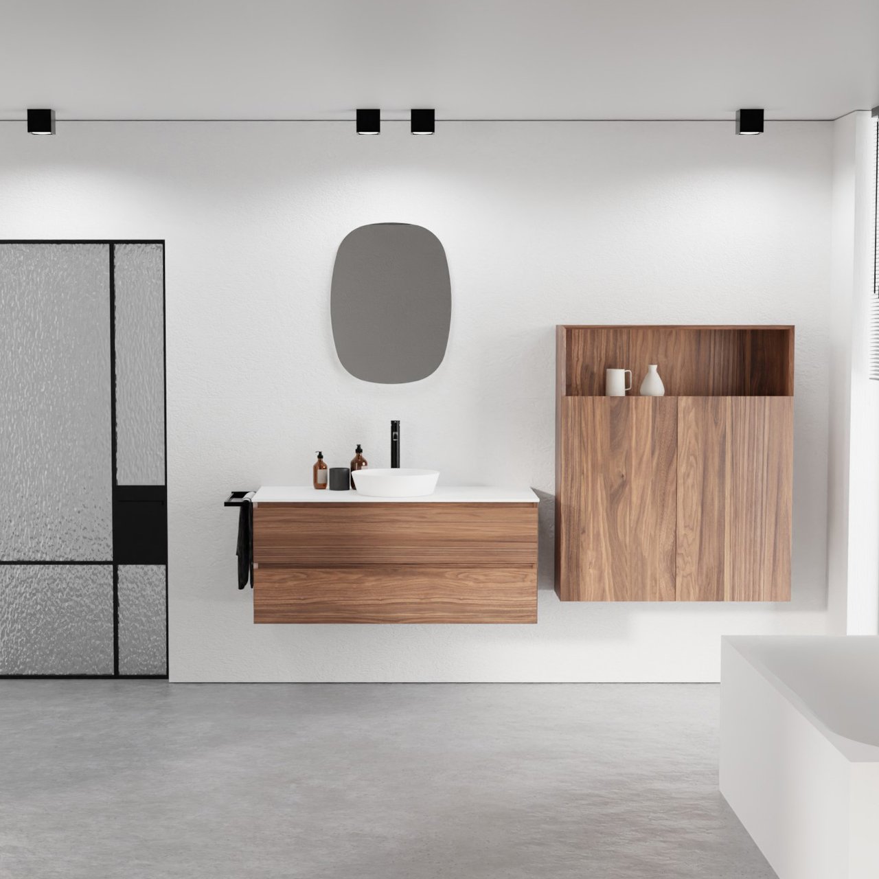 Balmani Mitra hängendes Möbelstück Set: 120 x 55 cm, Nussbaum, mit Stretto Einzel- oder Doppel Waschtischplatte, Solid Surface Weiß matt