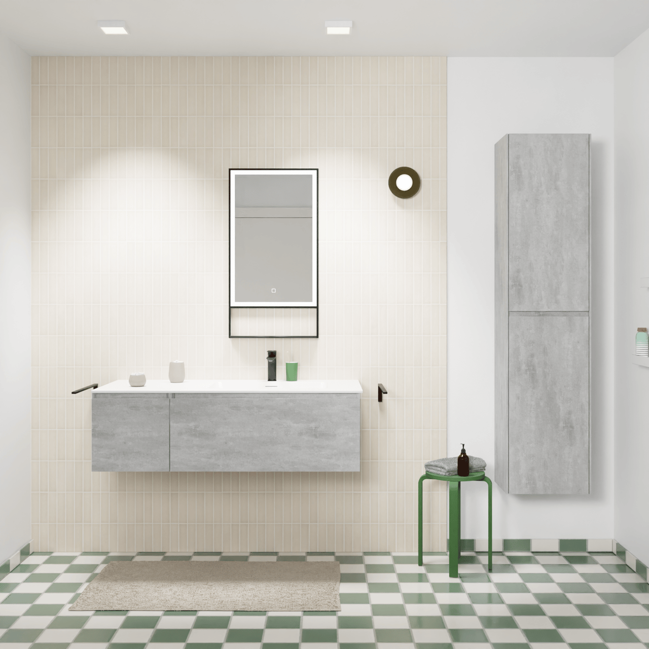 Storke Edge meuble salle de bains suspendu 120 x 52 cm béton gris foncé avec Mata plan vasque asymétrique à droite en solid surface blanc mat