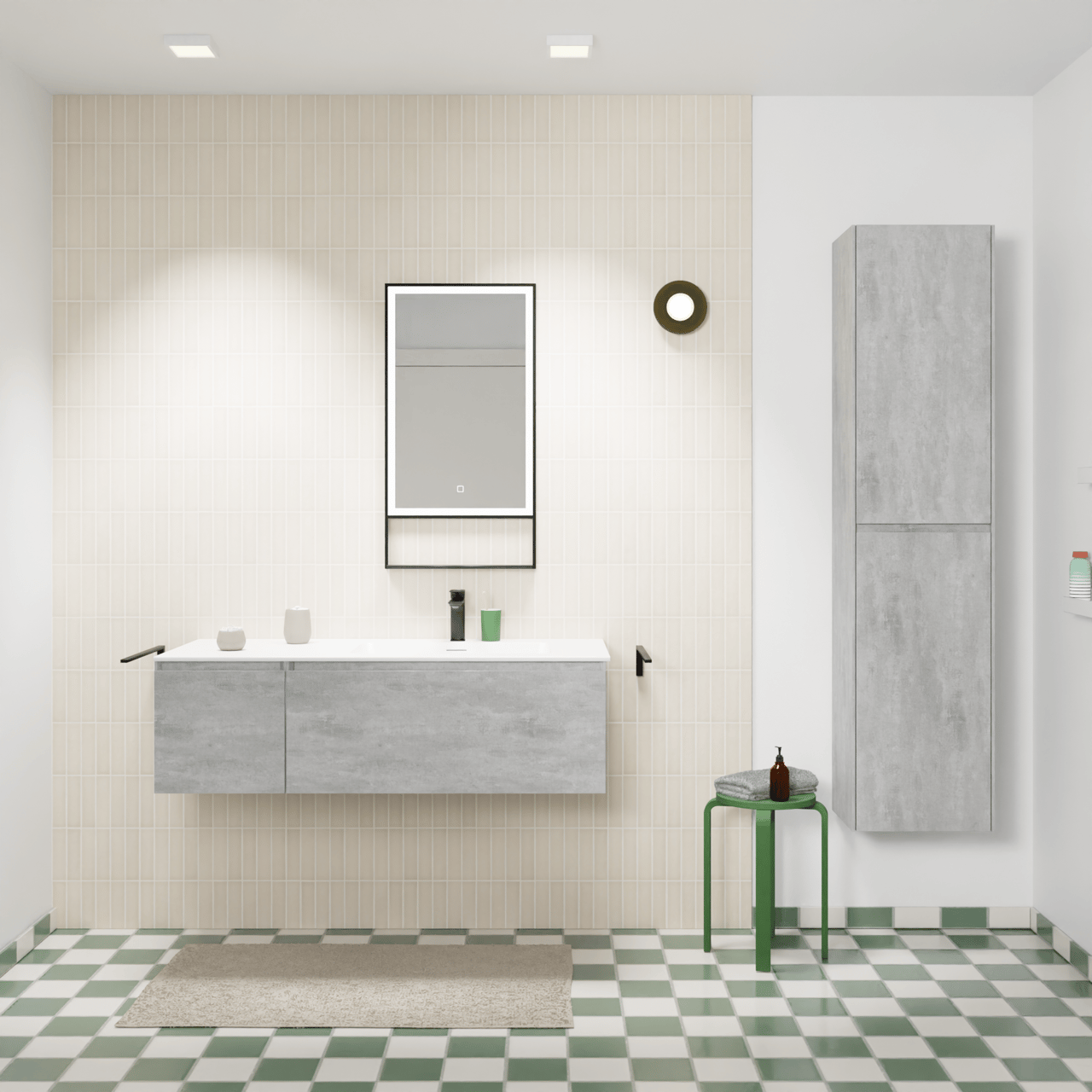 Storke Edge meuble salle de bains suspendu 120 x 52 cm béton gris foncé avec Mata plan vasque asymétrique à droite en solid surface blanc mat