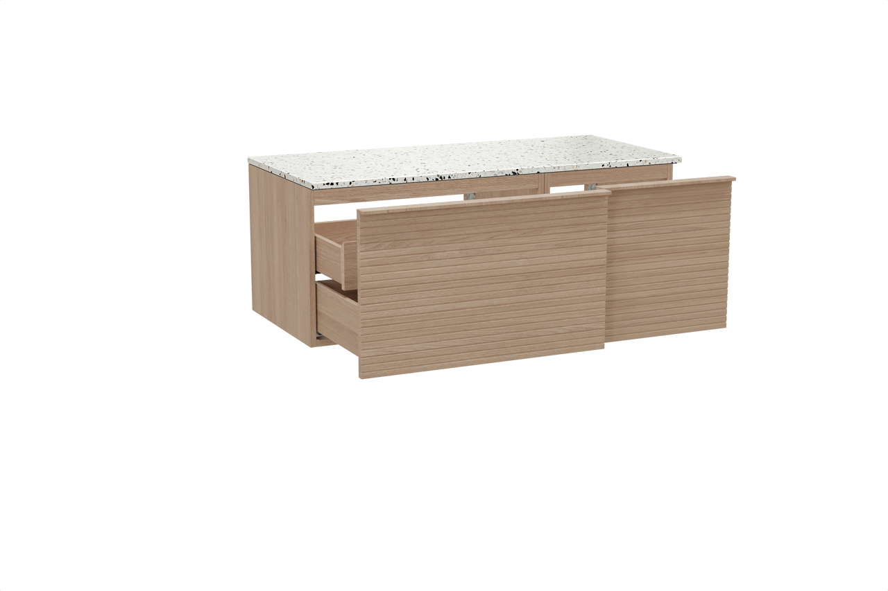 Balmani Forma zwevend badkamermeubel 120 x 55 cm natuur eik met Stretto enkel of dubbel tablet in mat wit/zwart terrazzo, Horizontale symmetrische rechte ribbel