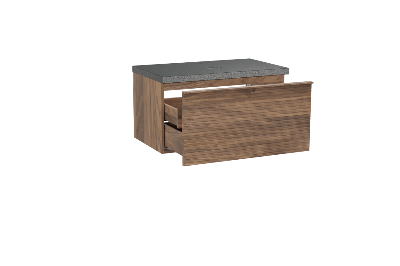 Balmani Forma hängendes Möbelstück Set: 90 x 55 cm, Amerikanischer Nussbaum, mit Rock Einzel Waschtischplatte, Granit, Schwarzes Granit, Horizontale symmetrische gerade Rippe