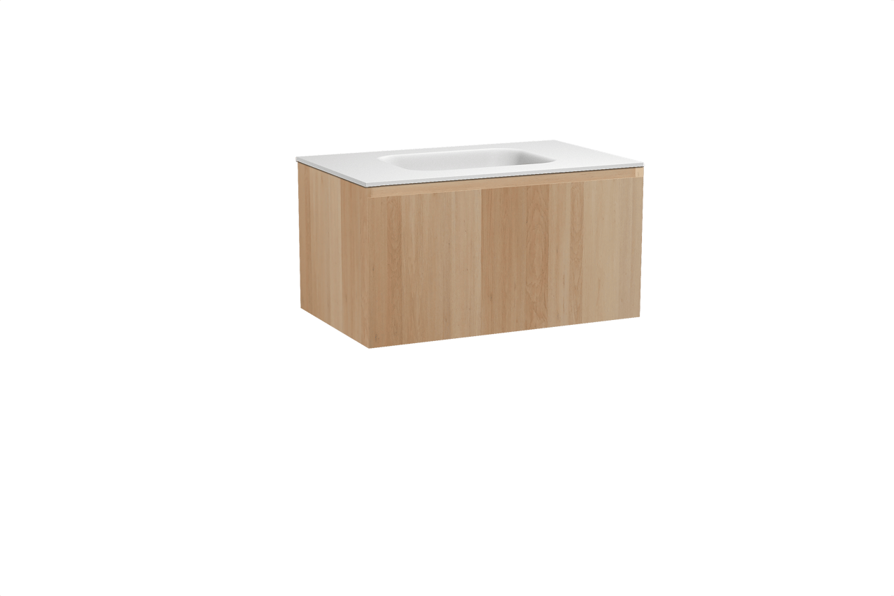 Balmani Idra zwevend badkamermeubel 90 x 55 cm natuur eik met Tablo Arcato enkele wastafel in solid surface mat wit