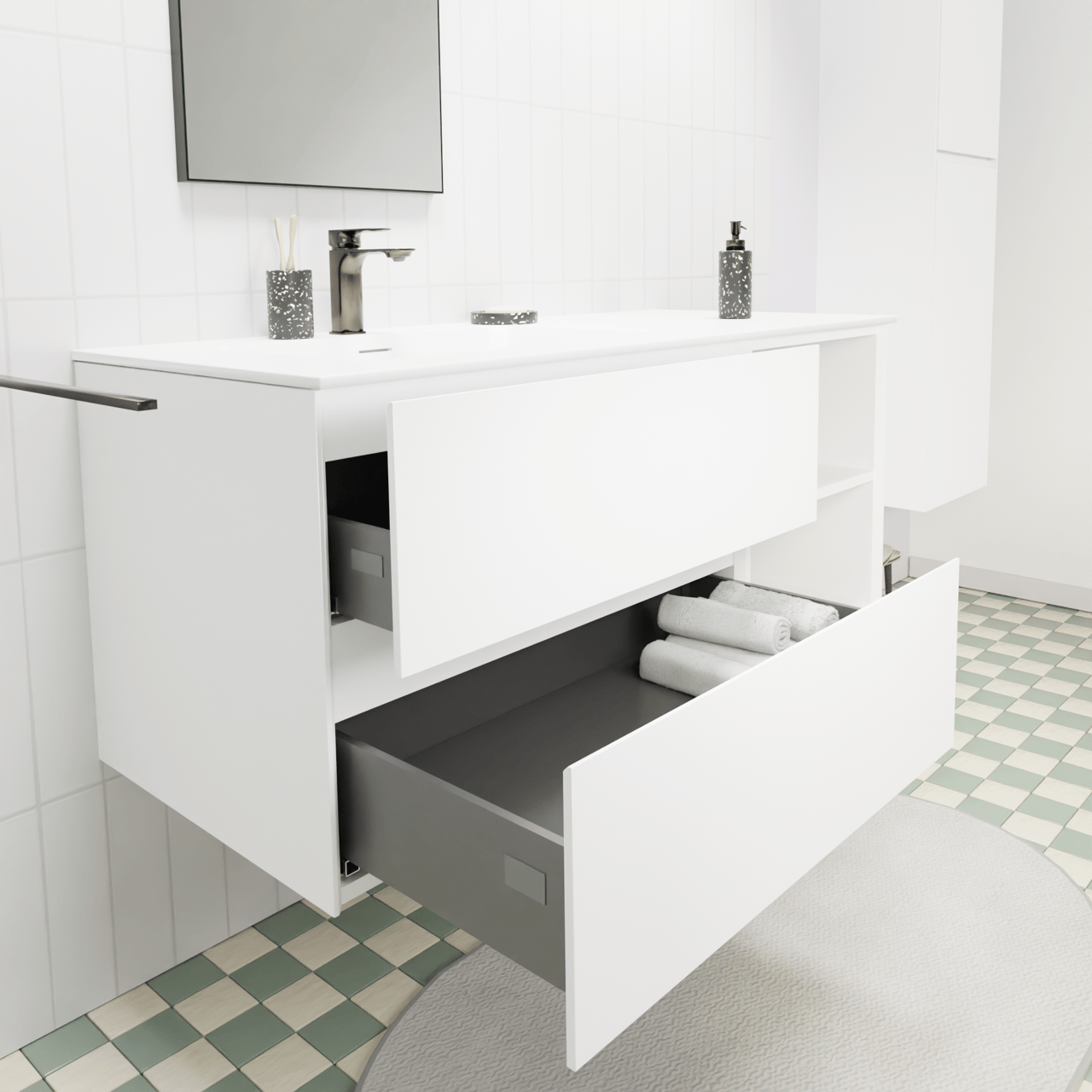 Storke Edge hängendes Möbelstück Set: 120 x 52 cm, Weiß matt, mit Mata Waschtisch links, Solid Surface Weiß matt