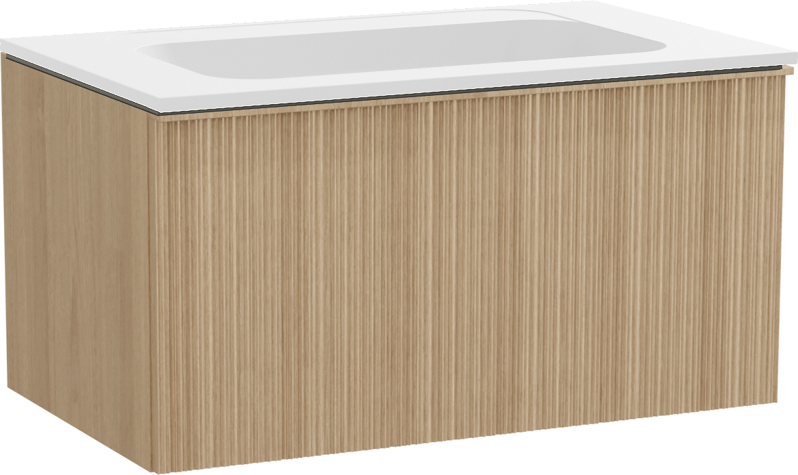 Balmani Forma zwevend badkamermeubel 90 x 55 cm natuur eik met Tablo Strada enkele wastafel in composietmarmer mat wit, Verticale asymmetrische ronde ribbel