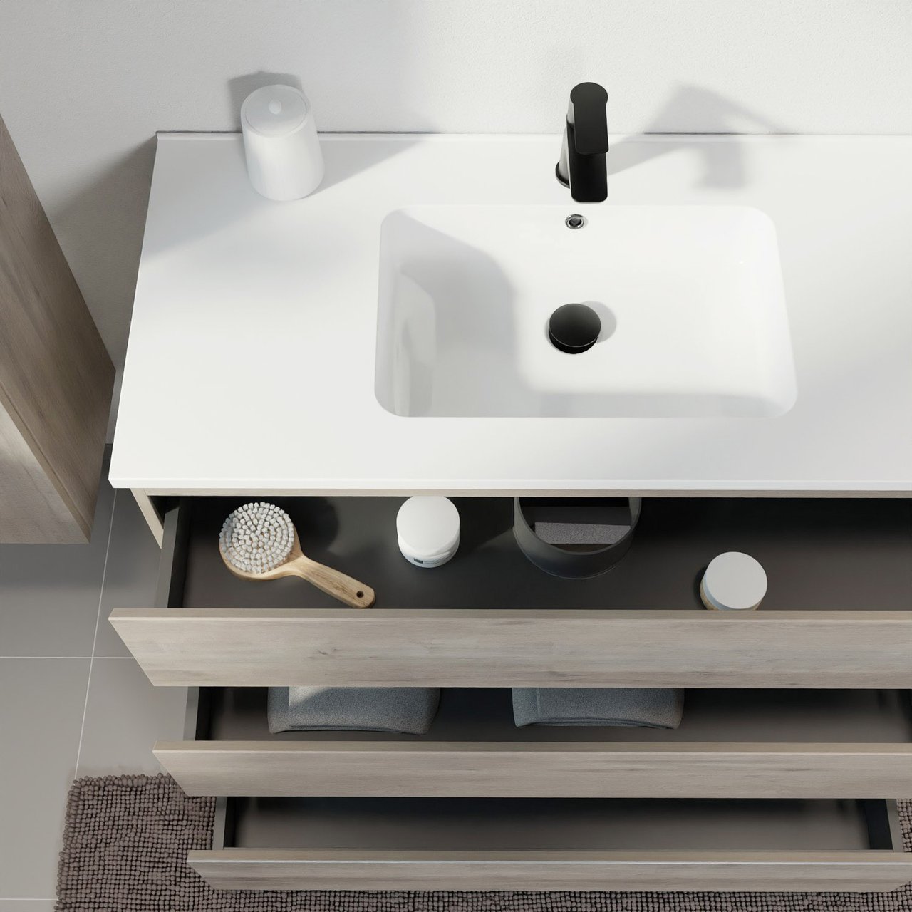 Linie Lado staand badmeubel 120 x 46 cm grijs eiken met Vano dubbele wastafel in composietmarmer hoogglans wit