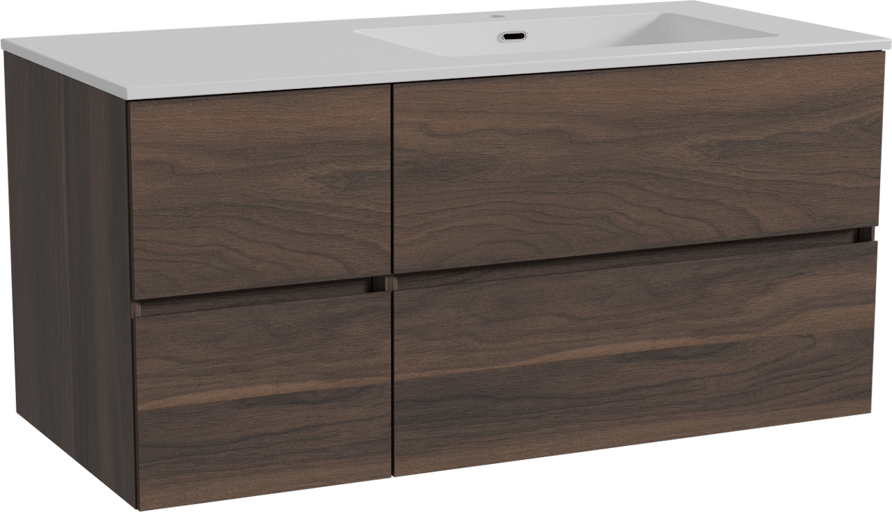 Storke Edge zwevend badkamermeubel 110 x 52 cm notelaar met Diva asymmetrisch rechtse wastafel in composietmarmer glanzend wit