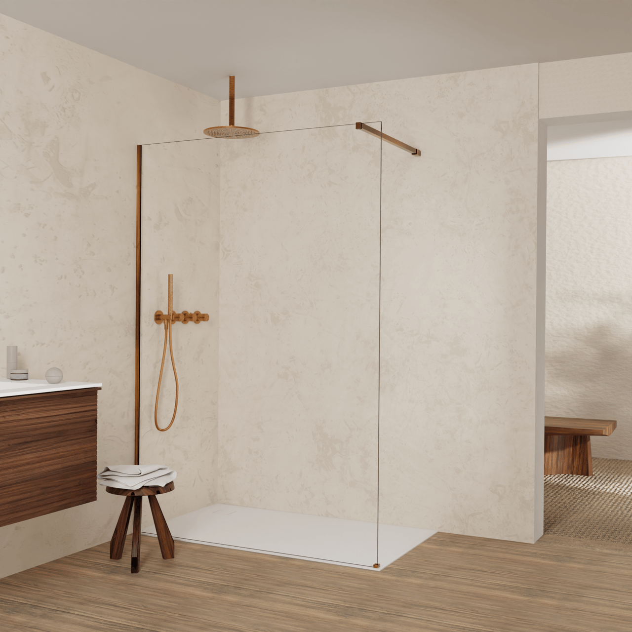 Balmani Modular douche à l'italienne: 140 x 200 cm, Verre transparent, Profil Brushed Rosegold