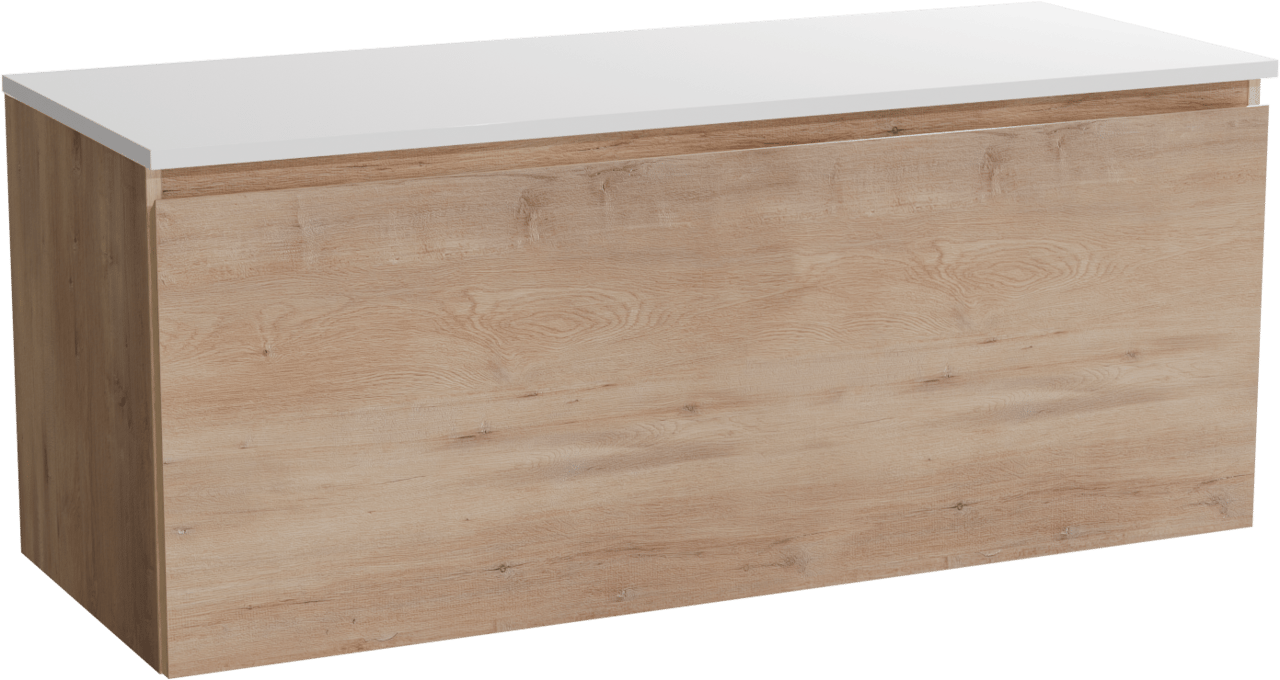 Linie Lado hängendes Möbelstück Set: 120 x 46 cm, Naturbelassene Eiche, mit Lado Doppel Waschtischplatte, Marmorkomposit Weiß matt