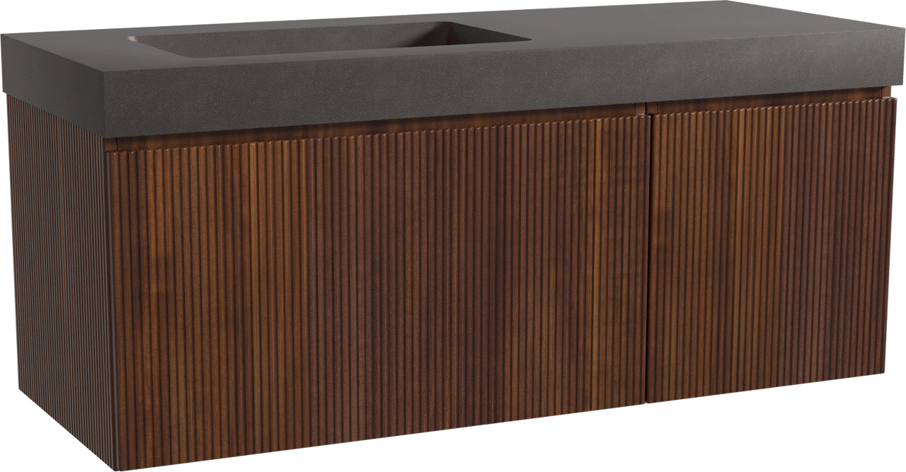 Storke Ribs zwevend badmeubel 130 x 52 cm notenhout met Scuro High asymmetrisch linkse wastafel in kwarts mat zwart, Verticale symmetrische rechte ribbel