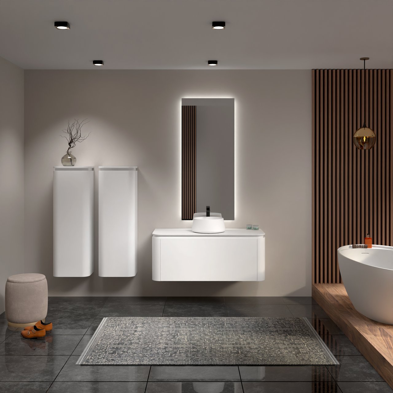 Balmani Moon meuble salle de bains suspendu 130 x 55 cm blanc mat avec Moon tablette simple ou double en solid surface blanc mat