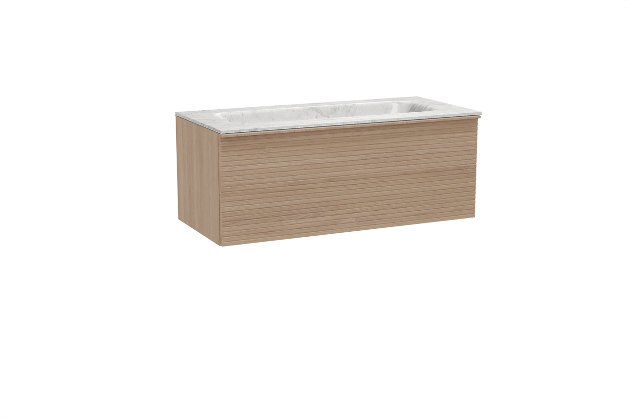 Balmani Forma hängendes Möbelstück Set: 120 x 55 cm, Naturbelassene Eiche, mit Tablo Arcato Einzelwaschtisch, Marmor, Carrara, Horizontale symmetrische gerade Rippe