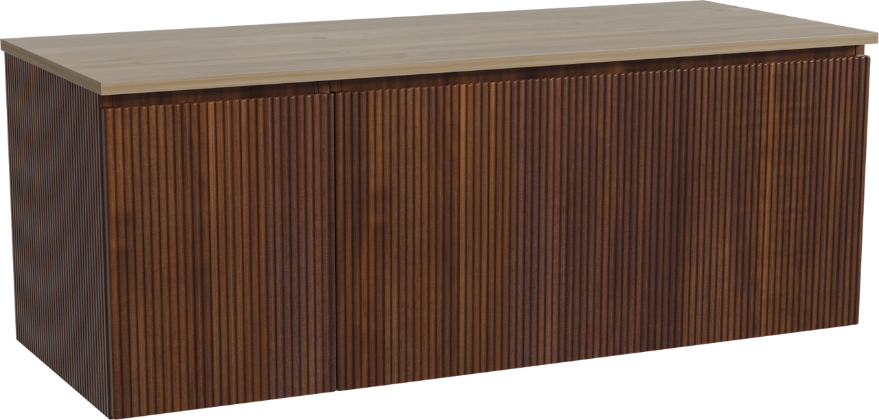 Storke Ribs zwevend badmeubel 130 x 52 cm notenhout met Panton enkel of dubbel wastafelblad in melamine ruw eiken, Verticale symmetrische rechte ribbel