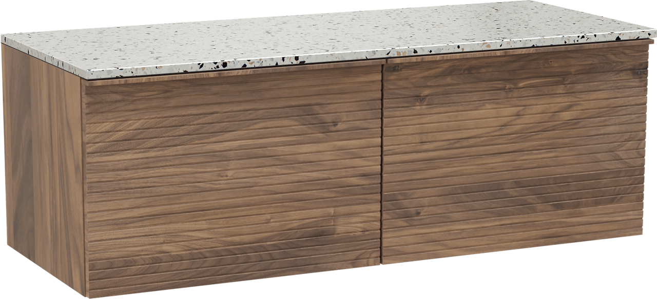 Balmani Forma zwevend badmeubel 135 x 55 cm amerikaans notenhout met Stretto enkel of dubbel wastafelblad in mat wit/zwart terrazzo, Horizontale symmetrische rechte ribbel