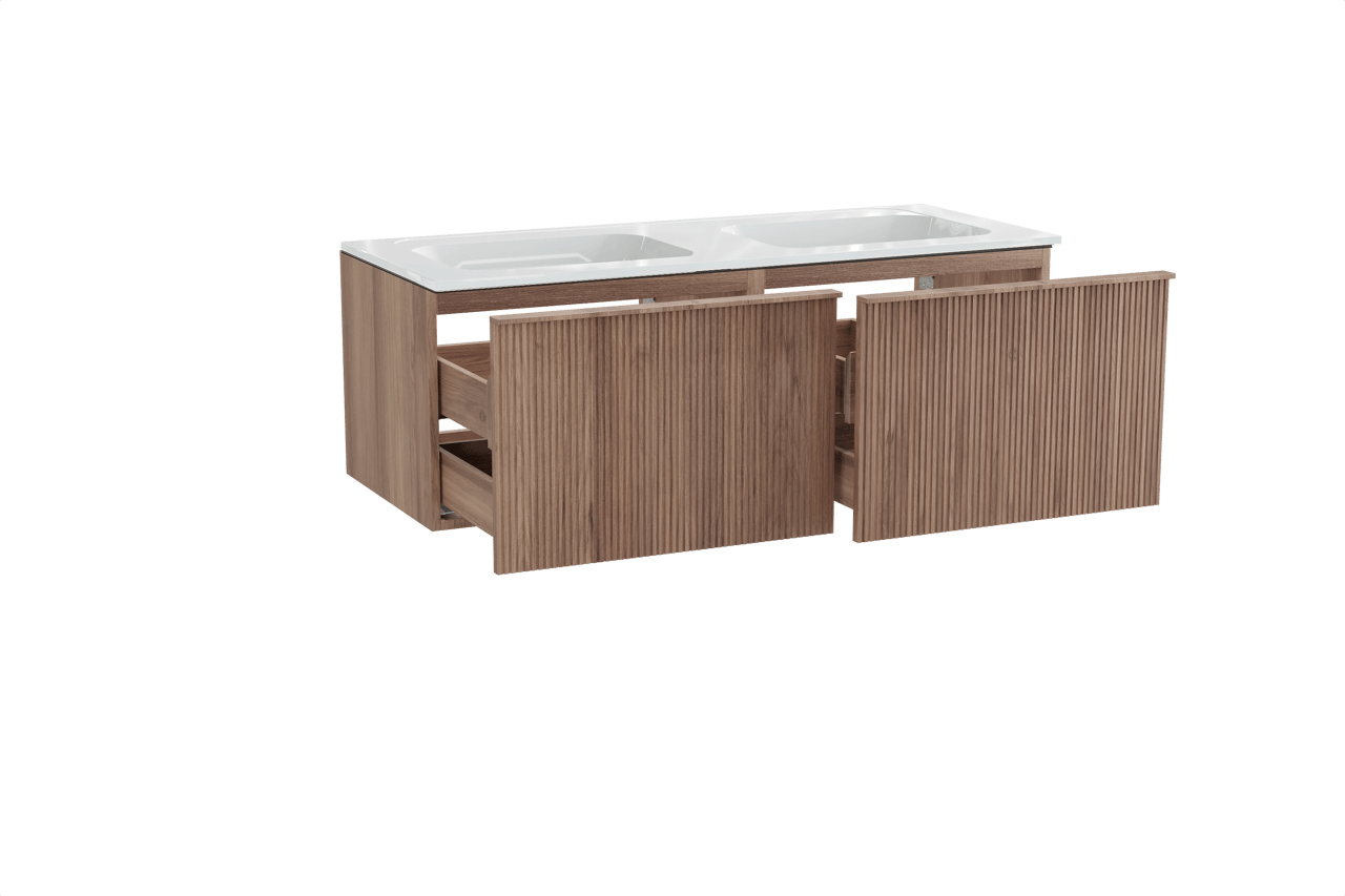 Balmani Forma meuble salle de bains suspendu 135 x 55 cm teck avec Tablo Strada double vasque en marbre composite blanc brillant, Nervure droite symétrique verticale