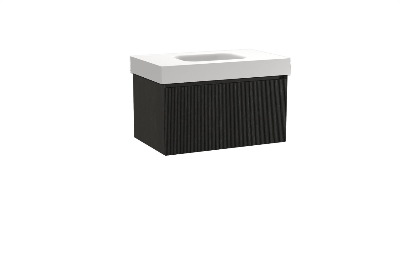 Balmani Fila hängendes Möbelstück Set: 90 x 55 cm, Schwarze Eiche, mit Arcato Einzelwaschtisch, Solid Surface, Weiß matt, Vertikale symmetrische gerade Rippe