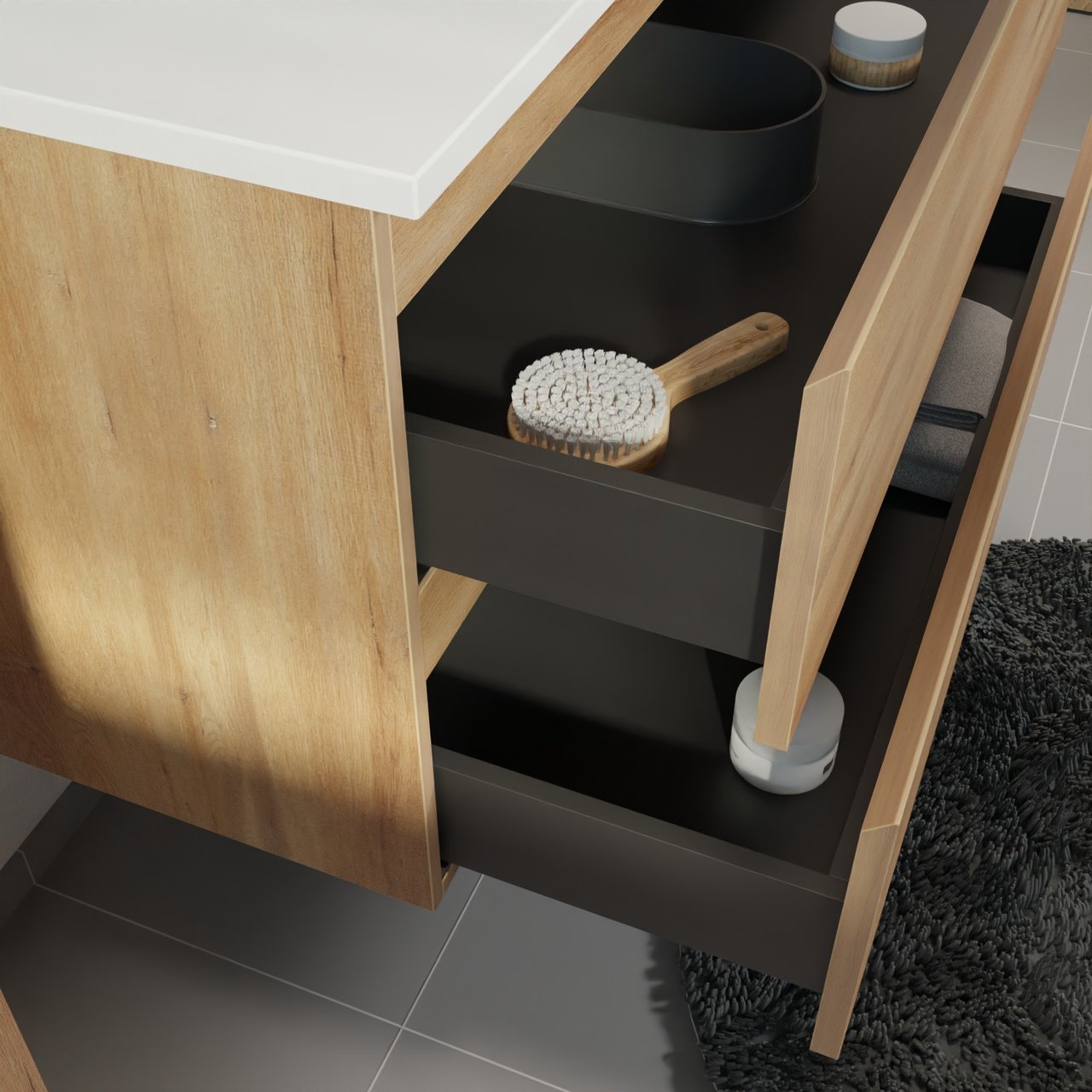 Linie Lado meuble salle de bains suspendu 120 x 46 cm chêne naturel avec Vano plan vasque asymétrique à gauche en marbre composite blanc mat