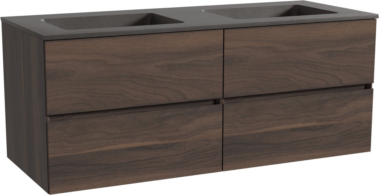 Storke Edge meuble salle de bains suspendu 130 x 52 cm noyer avec Scuro double vasque en quartz noir mat